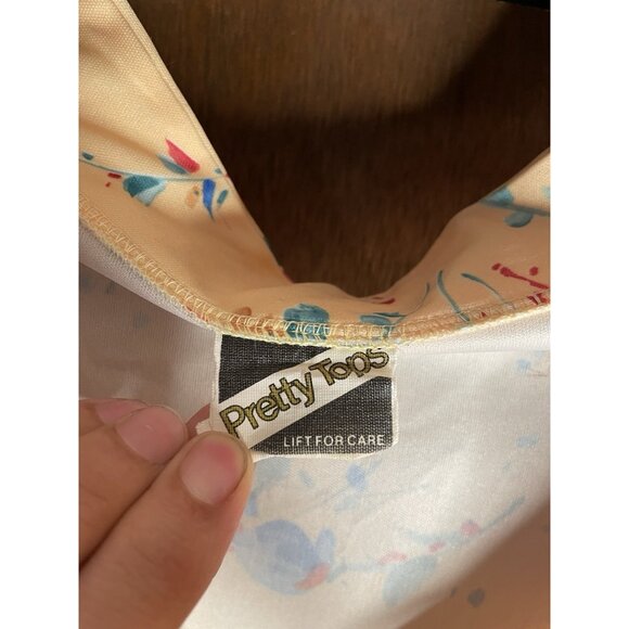 Pretty Tops Women's Vintage 70s Blouse Floral Short Sleeve Tie Yellow Spring XL - Picture 2 of 10